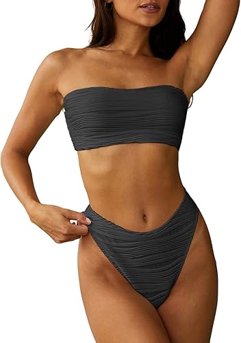 ZAFUL Women Strapless Wave Bandeau Bikini 2 Piece Swimwear Cheeky Solid Lace up Bathing Suits