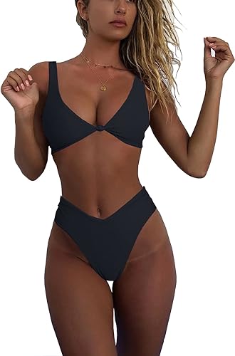 geluboao Bikini Set for Women Solid V Neck Knot Front Push Up High Leg Thong Two Piece Swimsuit