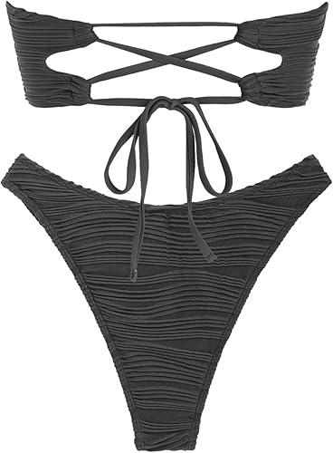 ZAFUL Women Strapless Wave Bandeau Bikini 2 Piece Swimwear Cheeky Solid Lace up Bathing Suits