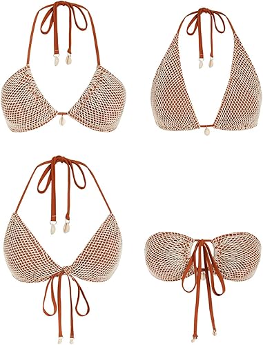 ZAFUL Womens Triangle Bikini Multiway Fishnet Tie Side Bandeau Halter String Bikini Set Two Piece Swimsuit Bathing Suits