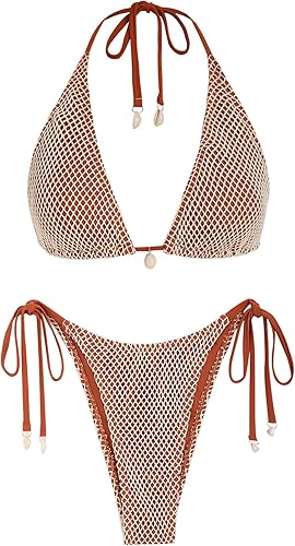 ZAFUL Womens Triangle Bikini Multiway Fishnet Tie Side Bandeau Halter String Bikini Set Two Piece Swimsuit Bathing Suits