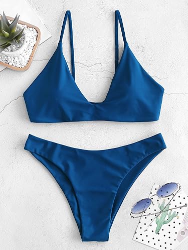 ZAFUL Womens Tie Back Padded High Cut Bralette Bikini Set Two Piece Swimsuit